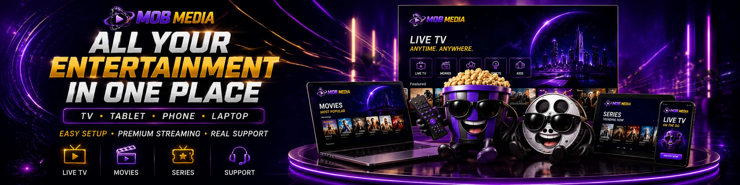 Mob Media streaming across TV, tablet, phone and laptop devices