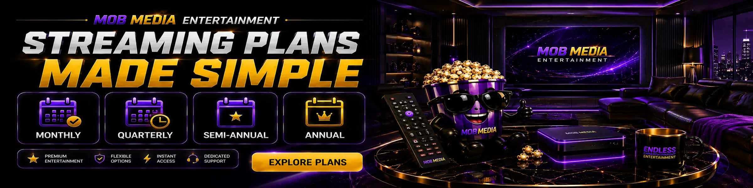 Mob Media streaming plans with monthly, quarterly, semi-annual and annual options