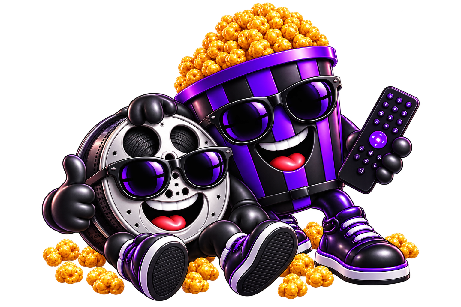 Mob Media popcorn and film reel mascots